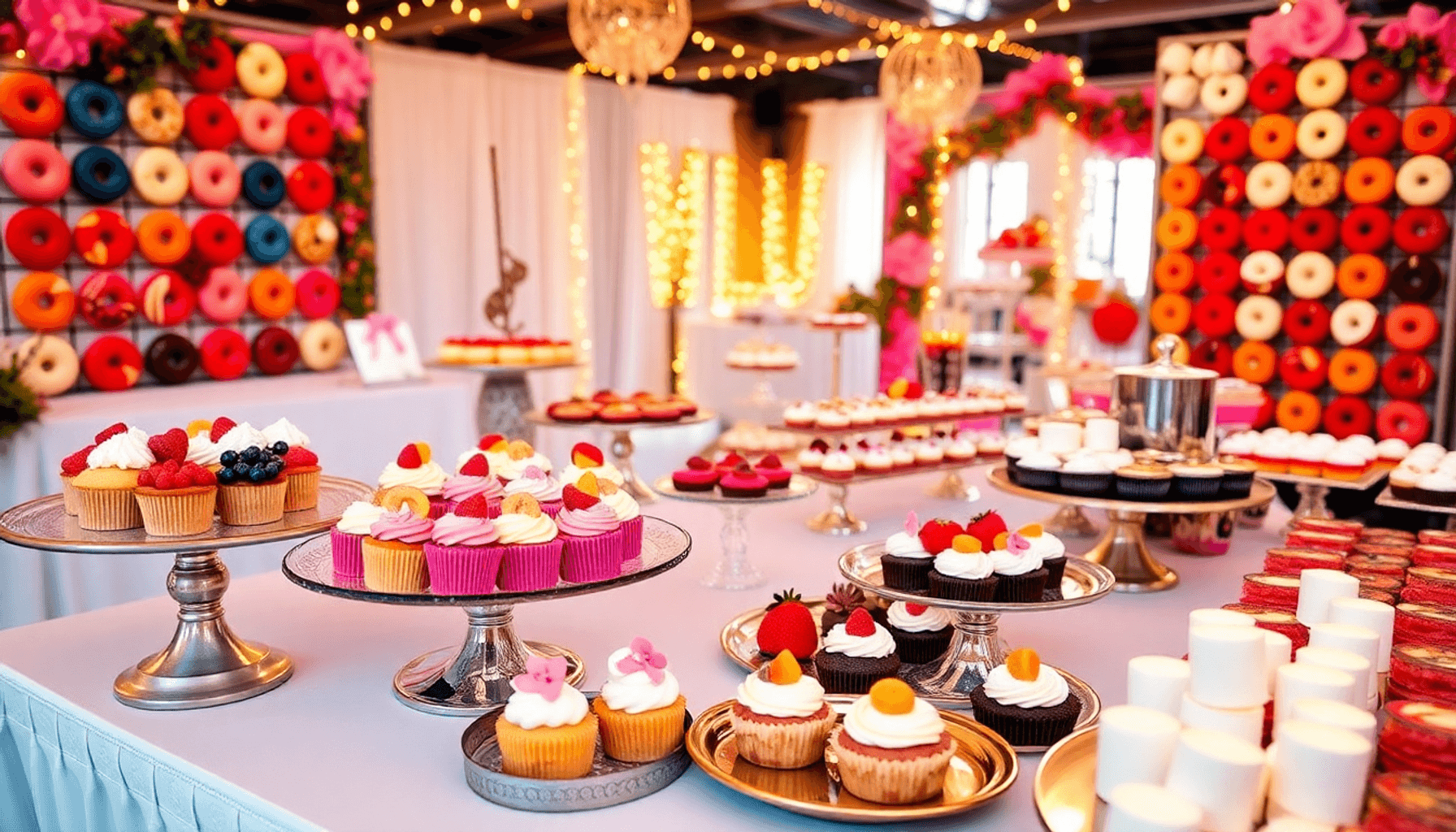 A vibrant dessert table with cupcakes, fruit tarts, macarons, mini cheesecakes, a donut wall, and a s’mores station in a bright, festive event space.