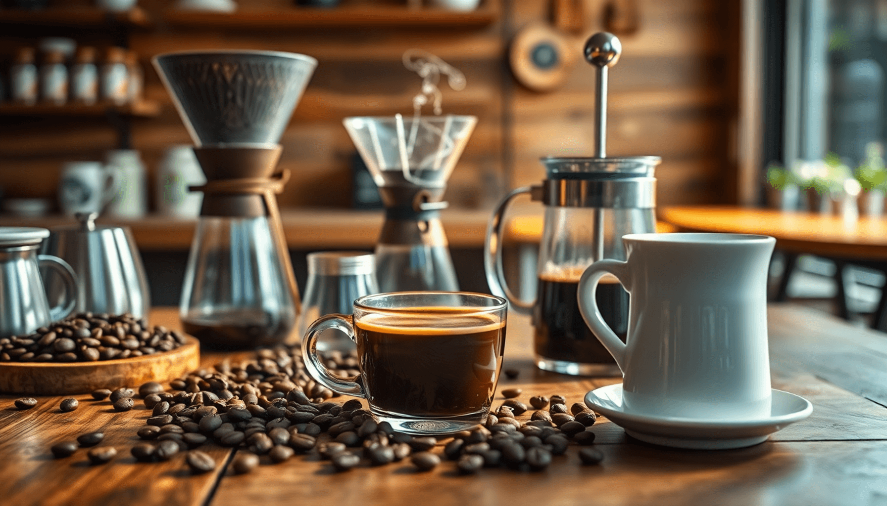Cozy coffee setup on a rustic wooden table with pour-over, Aeropress, French press, espresso cup, fresh beans, and steam rising in soft natural light.