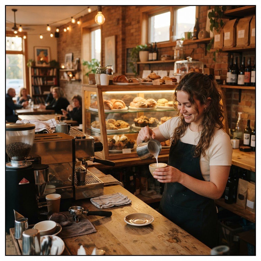Barista pouring coffee at a cozy coffee shop counter with bakery case in background